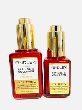 Set of Findley Face Serum Retinol & Collagen Overnight Eye Serum, total of 2 items.