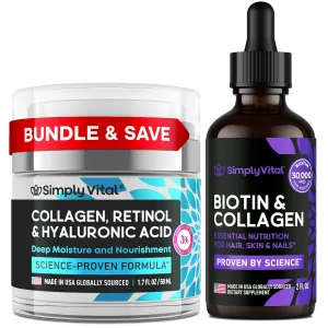 SimplyVital Collagen, Retinol & Hyaluronic Acid Cream & Biotin Vitamins Bundle – Anti-Aging Moisturizer for Face, Neck & Décolleté   Biotin & Collagen for Hair, Skin & Nails – Made in USA