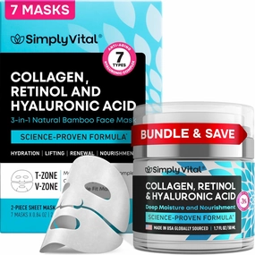 SimplyVital Collagen Cream & Collagen Face Mask Bundle – Anti-Aging Moisturizer for Face, Neck & Décolleté - Bamboo Sheet Mask for Hydration & Skin Care - Retinol, Collagen & Hyaluronic Acid