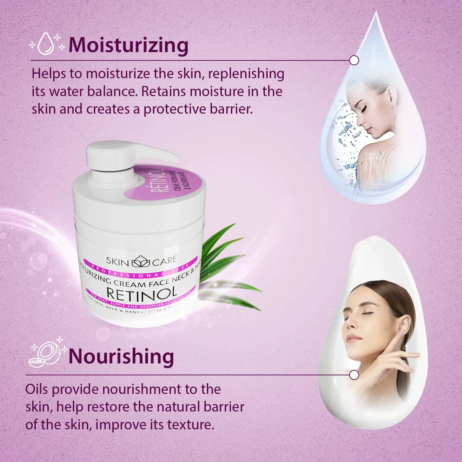 Skin Care Retinol 3-in-1 Moisturizer Face Cream, Neck and Hands - Treatment for Crepey Texture, Wrinkles and Sagging - Daily Lotion for All Skin Types - 16.9 fl. oz.