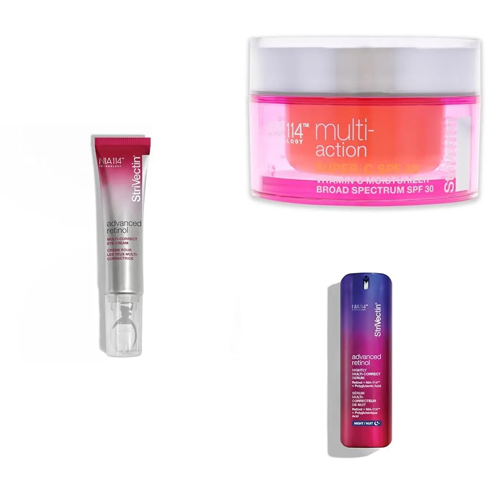 StriVectin Advanced Retinol Multi-Correct Eye Cream, Multi-Action Super-C SPF 30 Vitamin C Moisturizer, and Advanced Retinol Nightly Multi-Correct Serum