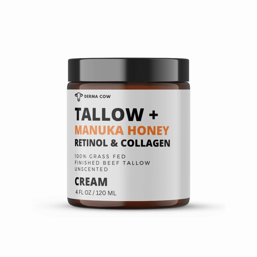 Tallow Cream   Manuka Honey Infused with Collagen and Retinol, 100% Grass Fed Beef Tallow Cream for Face   Body, Moisturizer Skin Care, All Natural for Sensitive skin, Unscented - 4 oz
