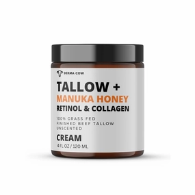 Tallow Cream   Manuka Honey Infused with Collagen and Retinol, 100% Grass Fed Beef Tallow Cream for Face   Body, Moisturizer Skin Care, All Natural for Sensitive skin, Unscented - 4 oz