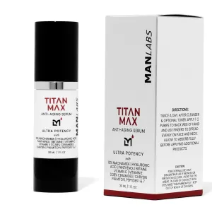 Titan MAX Ultra Potency Anti Aging Face Serum for Men - Mens Face Moisturizer with Hyaluronic Acid, 5% Niacinamide, Peptides, Vitamin C for Dark Spots, Wrinkles, Fine Lines, Unscented, 1Fl Oz