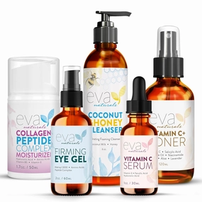 Vitamin C Serum, Peptide Moisturizer, Coconut and Honey Cleanser, Vitamin C Toner & Eye Gel Bundle