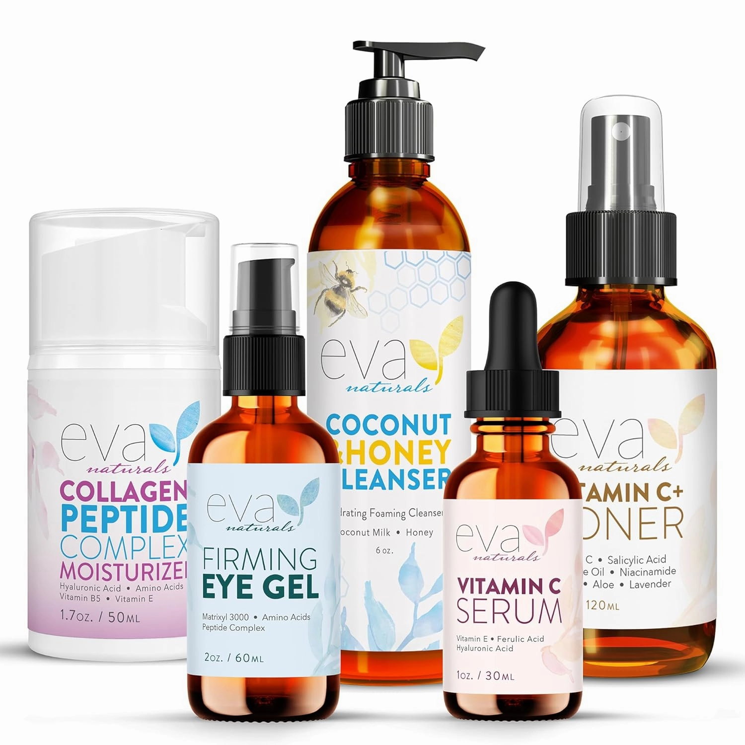 Vitamin C Serum, Peptide Moisturizer, Coconut and Honey Cleanser, Vitamin C Toner & Eye Gel Bundle